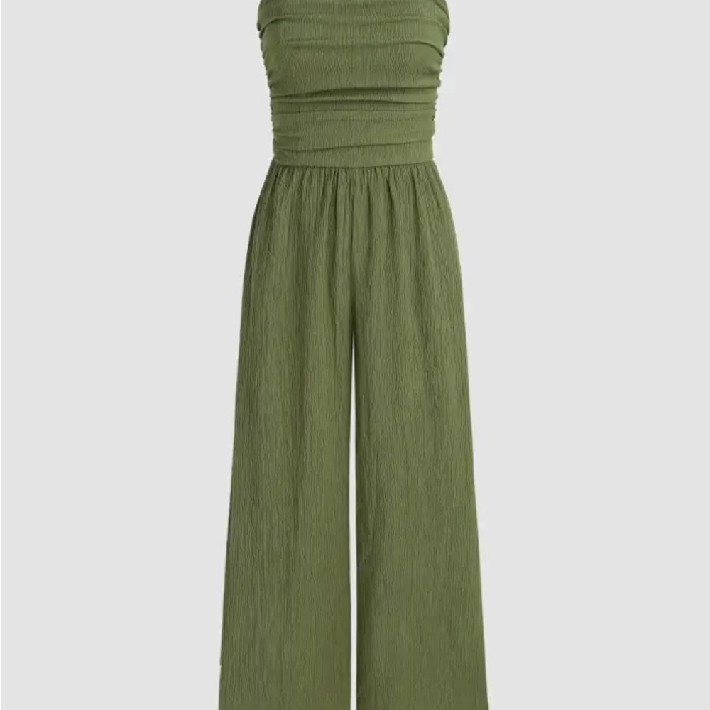 Cider Olive Green Strapless Wide-Leg Jumpsuit
